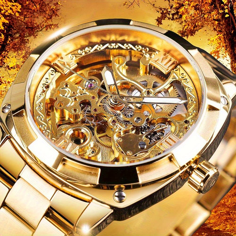 TEMU Men's Automatic Mechanical Skeleton Case - 41mm Square Bezel, Engraved Transparent Dial, 1181.1inch High-end , Suitable For Daily And Formal Occasions, Shiny Fashionable Wrist Accessory