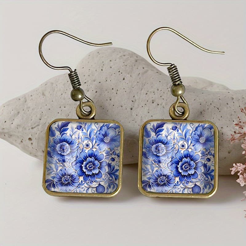 TEMU 1 Pair Blue And White Porcelain Pattern Square Earring Retro Glass Dangle Earrings Handmade Jewelry Gift