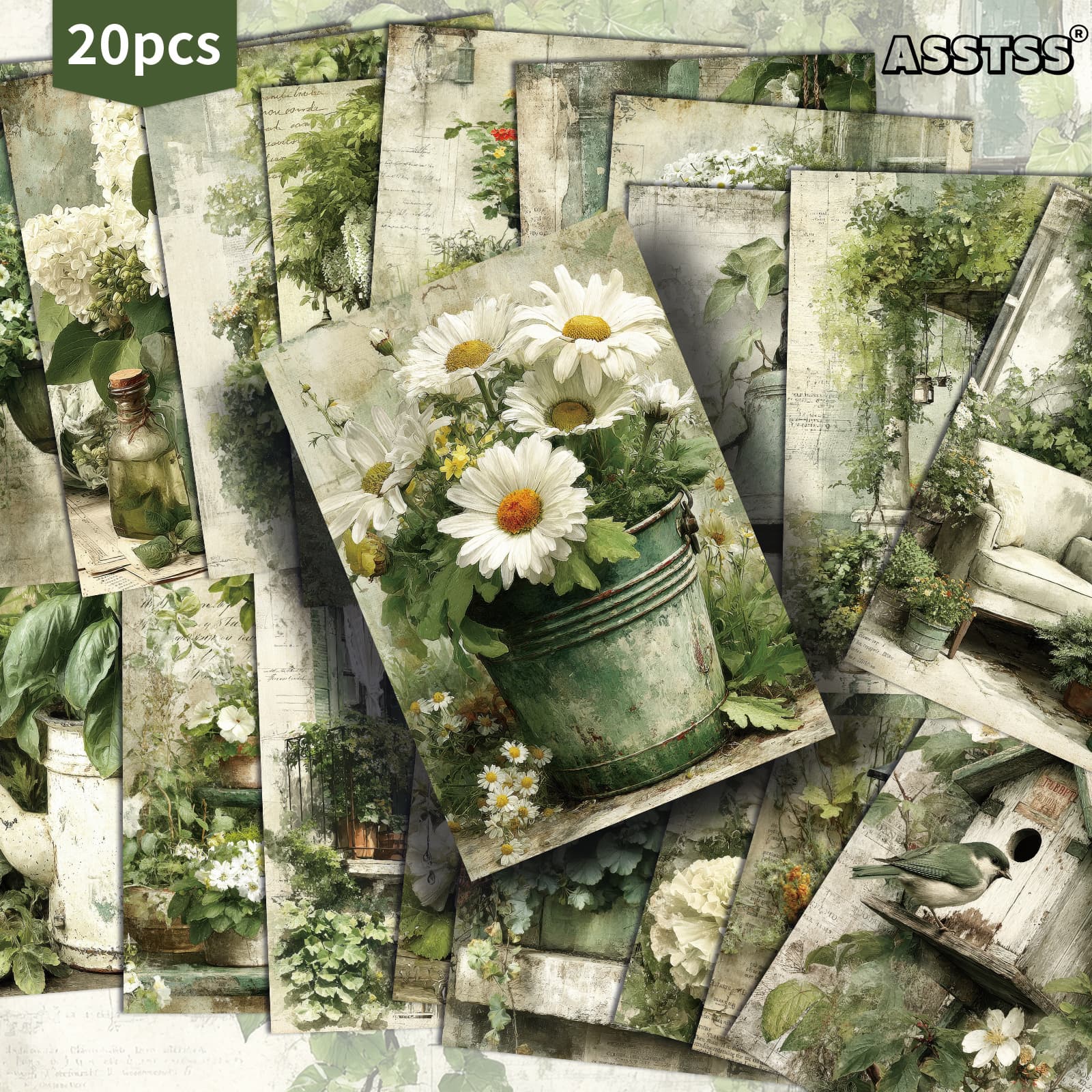 TEMU 20-pack Asstss Green Plant Garden Gift Card - 4x6 Inches Junk Journal Paper Classic Pinup Illustrations Collectible Decorative Painting Cards For Scrapbooking & Crafting