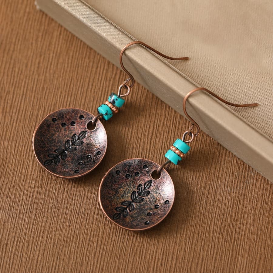 TEMU Retro Elegant Bohemian Style Synthetic Malachite Beaded Leaf Round Plate Shaped Pendant Women's Earrings Daily Casual Outfit Party Banquet Matching Women's Earrings