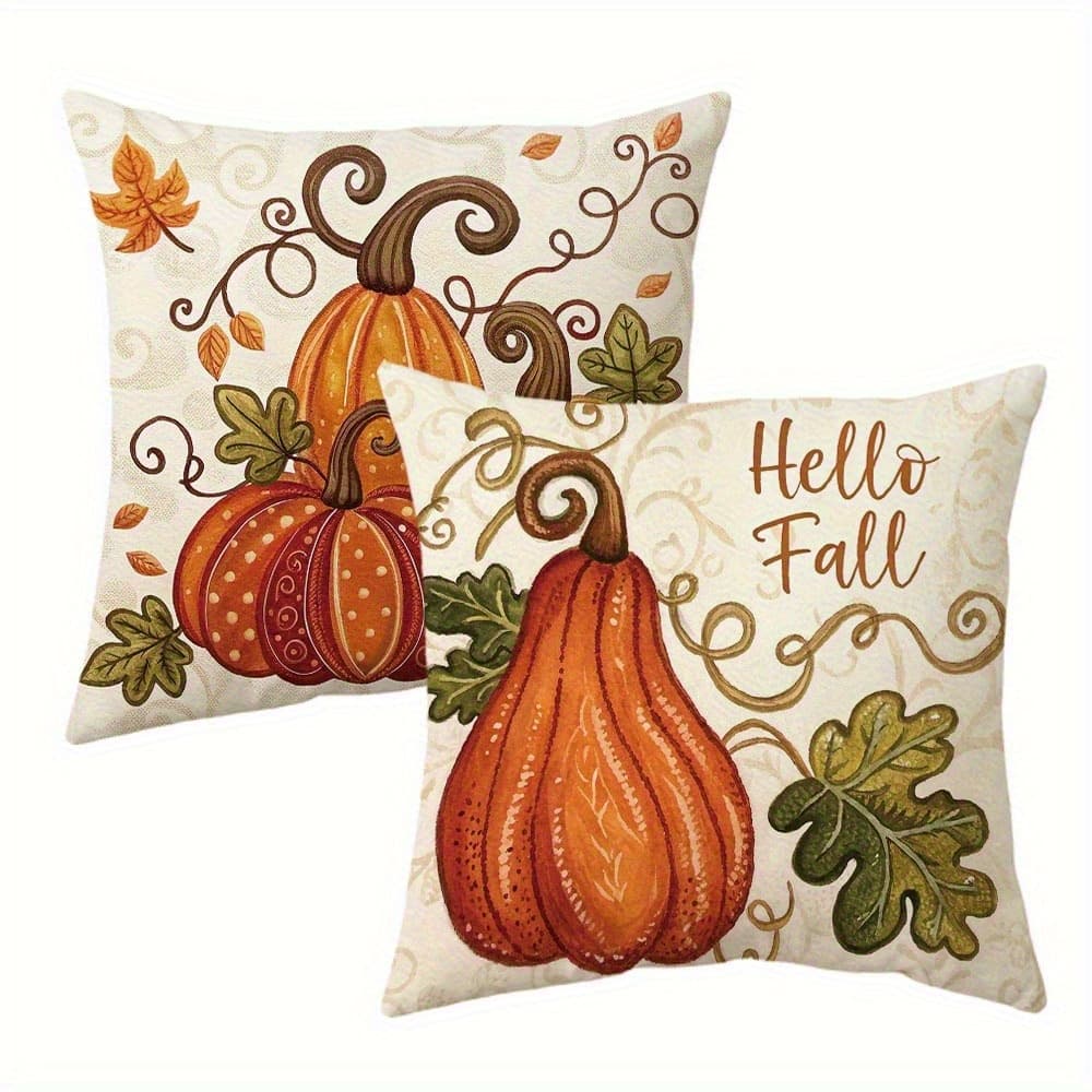 TEMU Set Of 2 Autumn-themed Pumpkin Pillow Covers, Measuring 18x18 Inches, Made From Soft Polyester With A Zipper Closure. Designed For