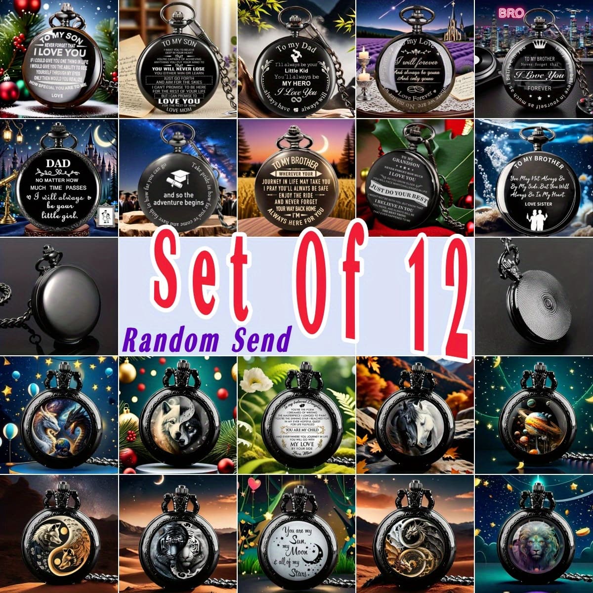 TEMU Random Send 12pcs Classical Round Pocket Watches, Elegant , Best Present For Son Brother Grandson Dad Lover Etc., Birthday Hallowmas Christmas New Year Father's Day Anniversary Gifts