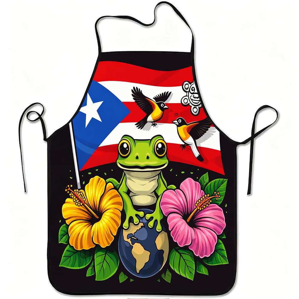 TEMU 1pc Apron Featuring The Puerto Flag, Frog, And And Birds Design, Made From Durable And Easy-to-clean Polyester, With An Adjustable Waistband, Suitable For Kitchen Cooking, Gardening, Picking