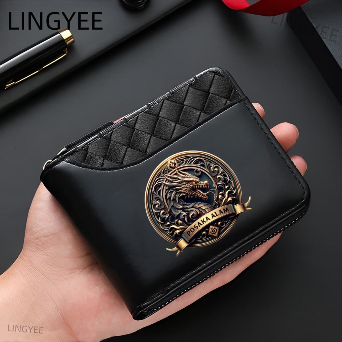 TEMU Men' Wallet - From Black Crocodile-patterned Faux Leather With A Vintage Dragon Print, This Wallet Features An Elegant Zipper Closure And Prominently Displays The Star-and-. With Card Slots