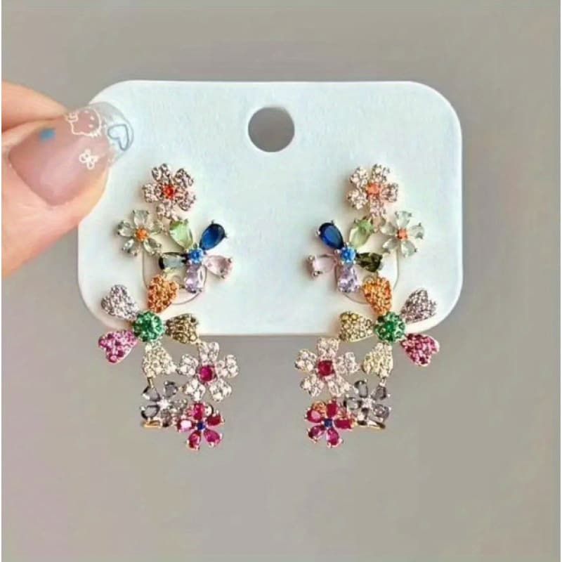 TEMU 1 Pair Elegant Floral Dangle Earrings With Multicolor Synthetic Zirconia Stones - April Birthstone Jewelry For Women, Versatile Daily & Party Wear, Valentine’s Day Gift, Quirky Earrings