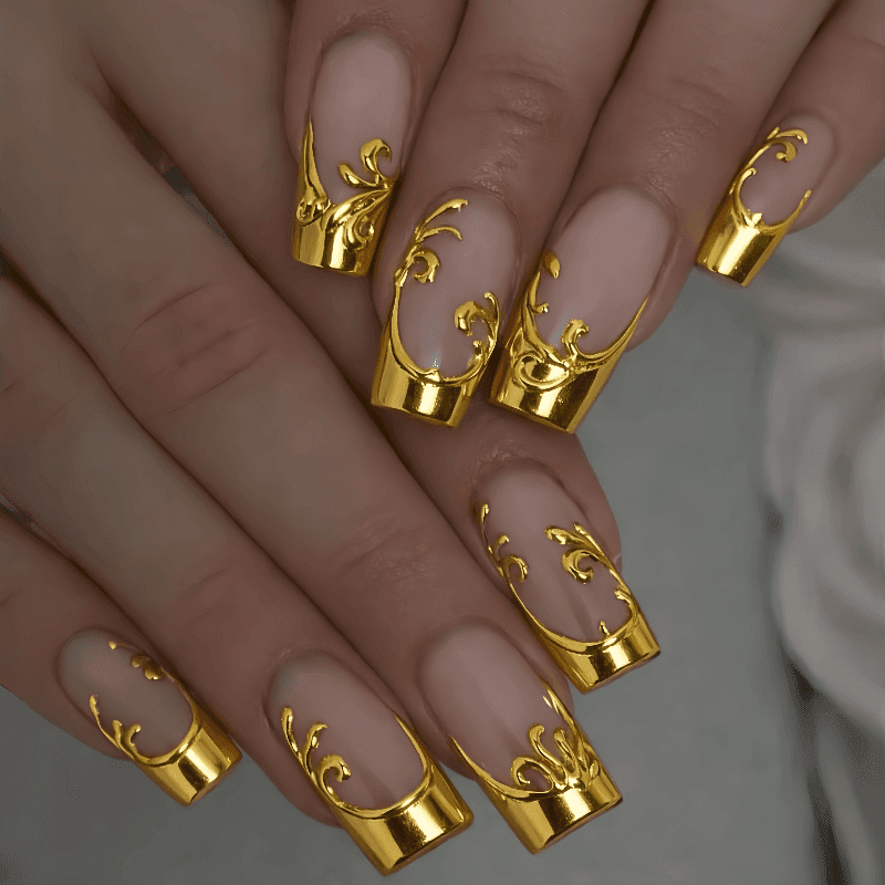 TEMU 48pcs Medium-long Square Press On Nails, Nude Pink Base Golden Carved French Tip Abs Fake Nails, Luxurious Elegant False Nails