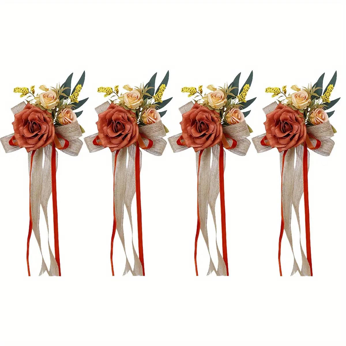 TEMU 4pcs Glam Wedding Pew Flowers- Artificial Aisle Decor With Chiffon Ribbons- Elegant Chair Flowers For Ceremony& Reception- Outdoor Party Decor(white/pink/red)