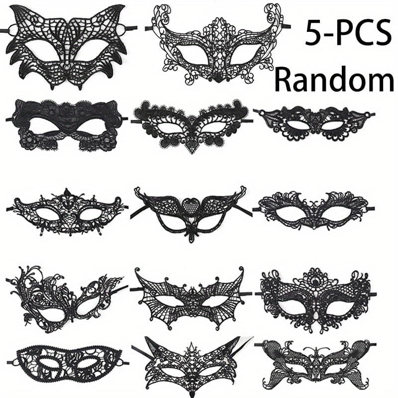 TEMU 5pcs Sexy Black Fabric Lace Eye Masks Set Random Lace Mask | Half-face Mask Women Party Cosplay Masquerade Accessories Vintage Hollow Black Masks , Music Festivals, And Holiday Wear Accessories