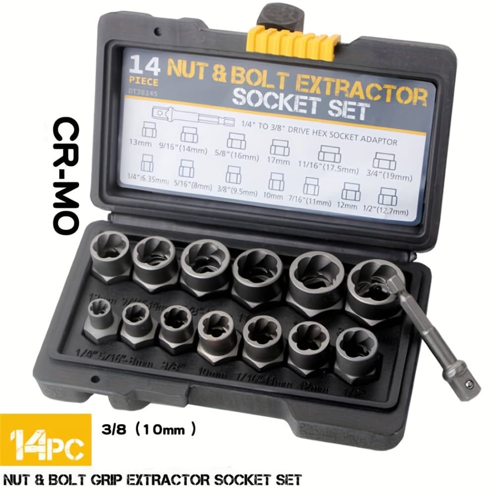TEMU 14pcs Broken Nut Extractor Set- Middle Flying Design For 3/8 Inches, Ideal For Removing Broken Nuts And Bolts In Tight Spaces