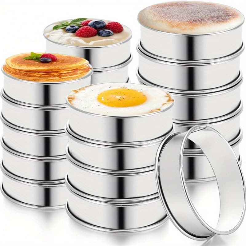 TEMU 20pcs English Muffin Rings - 4 Inch And 3.35 Inch Set Stainless Steel Crumpet Rings, Nonstick Muffin Pastry Cake Cookie Ring, Double Rolled Metal Round Ring Egg Molds For Home Baking Cooking