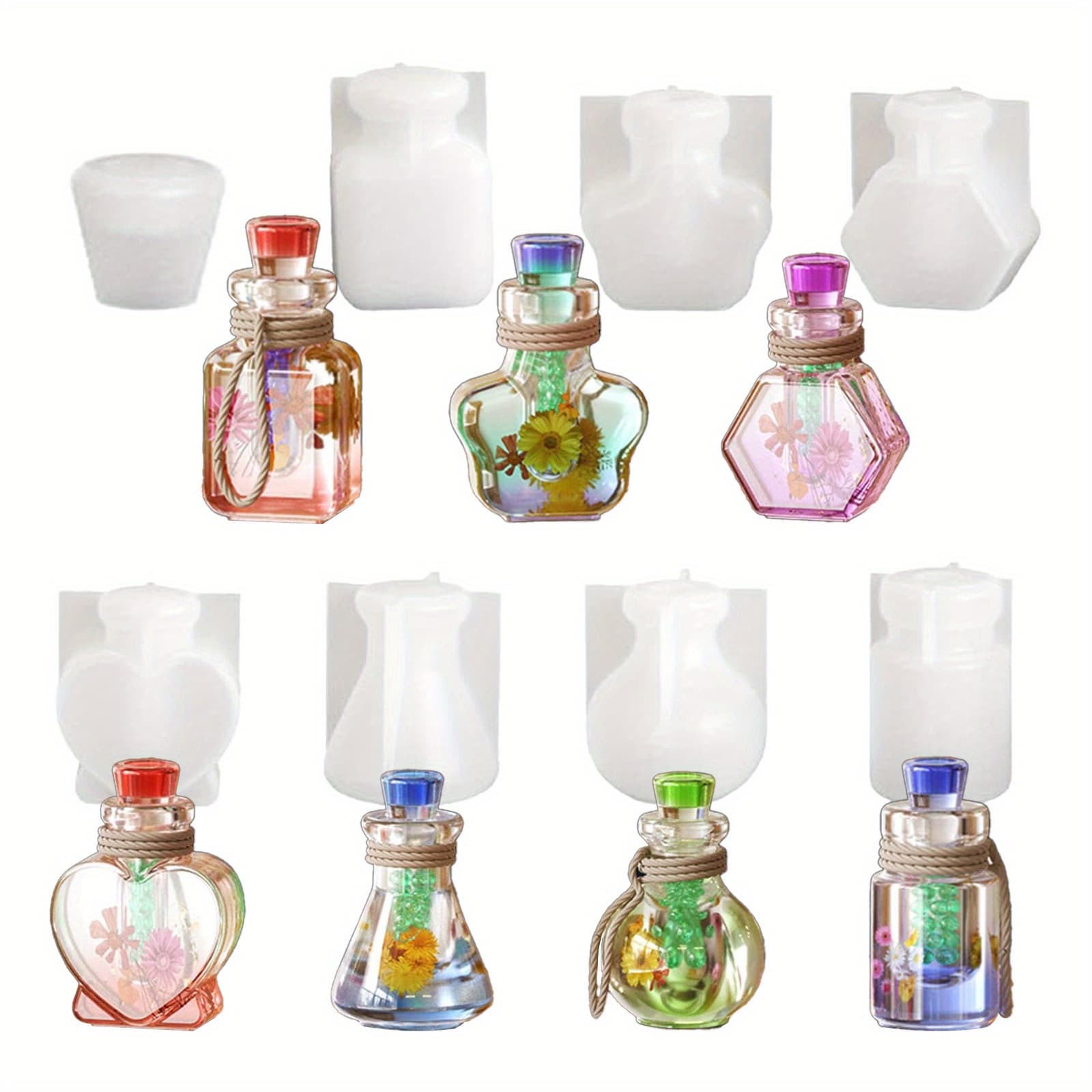 TEMU 7pcs Wishing Bottle Shaker Resin Molds, Drift Bottle Resin Molds, Quicksand Bottle Container And Stopper Molds, Epoxy Resin Casting Mold For Keychain Pendants