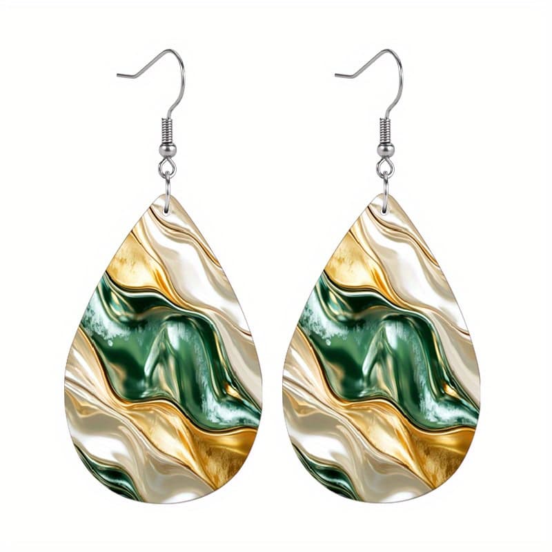 TEMU 1 Pair White Green Wavy Stripe Pu Leather Earrings For Women Abstract Water Earrings Lightweight Fashion Teardrop Earrings Double-sided Pattern Versatile Earrings Classic Earrings Gift