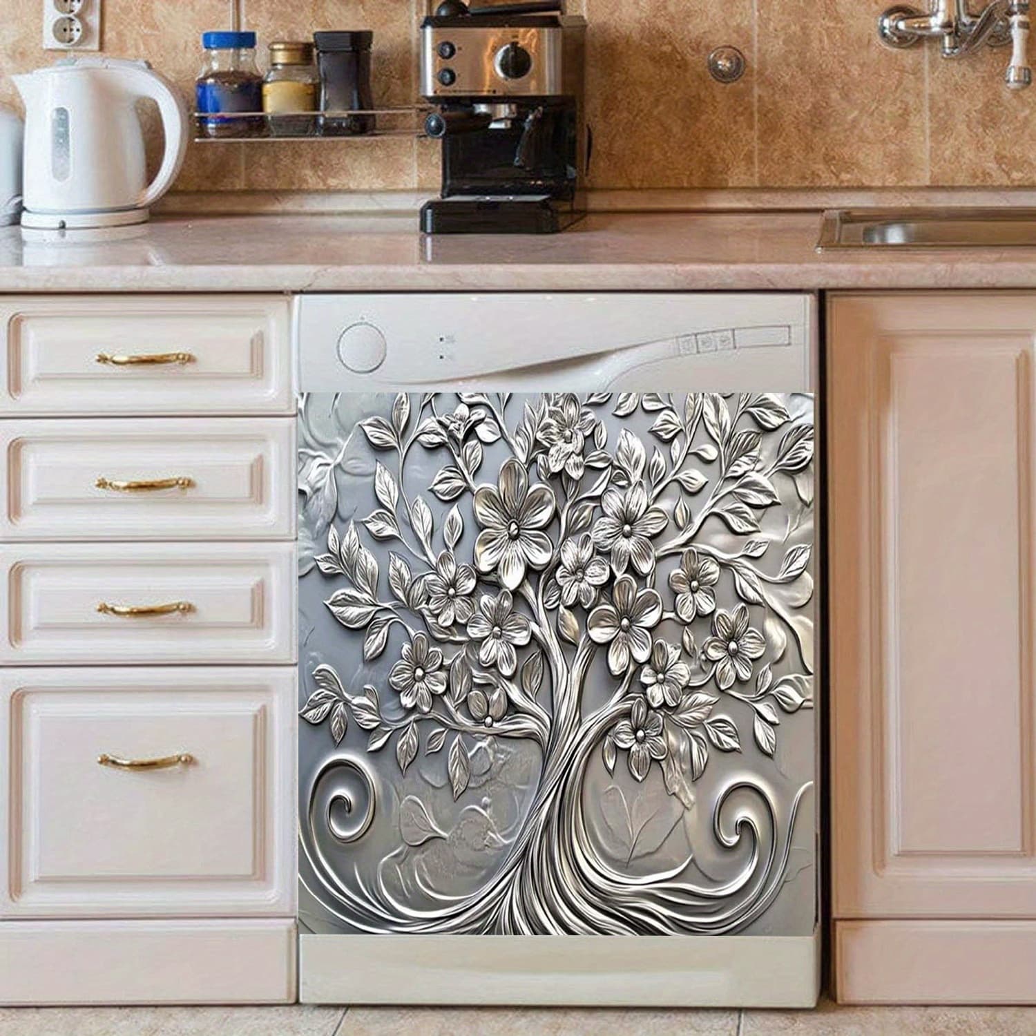 TEMU Elegant Silver Dishwasher Cover, Vinyl Refrigerator, 23.03 X 25.59 Inch, Artistic Kitchen Decor For Modern Kitchens, Dishwasher Cover