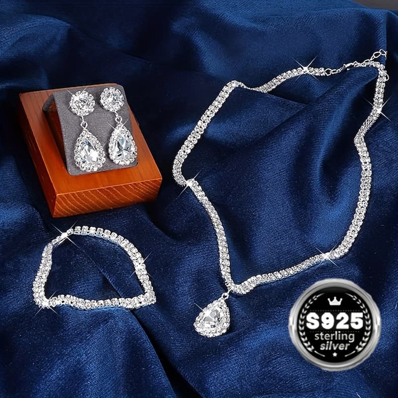 TEMU 925 Sterling Silvery 3pcs Bridal Jewelry Set - Embellished Necklace, Earrings & Bracelet - Hypoallergenic, Wedding Bridal Accessory Gift