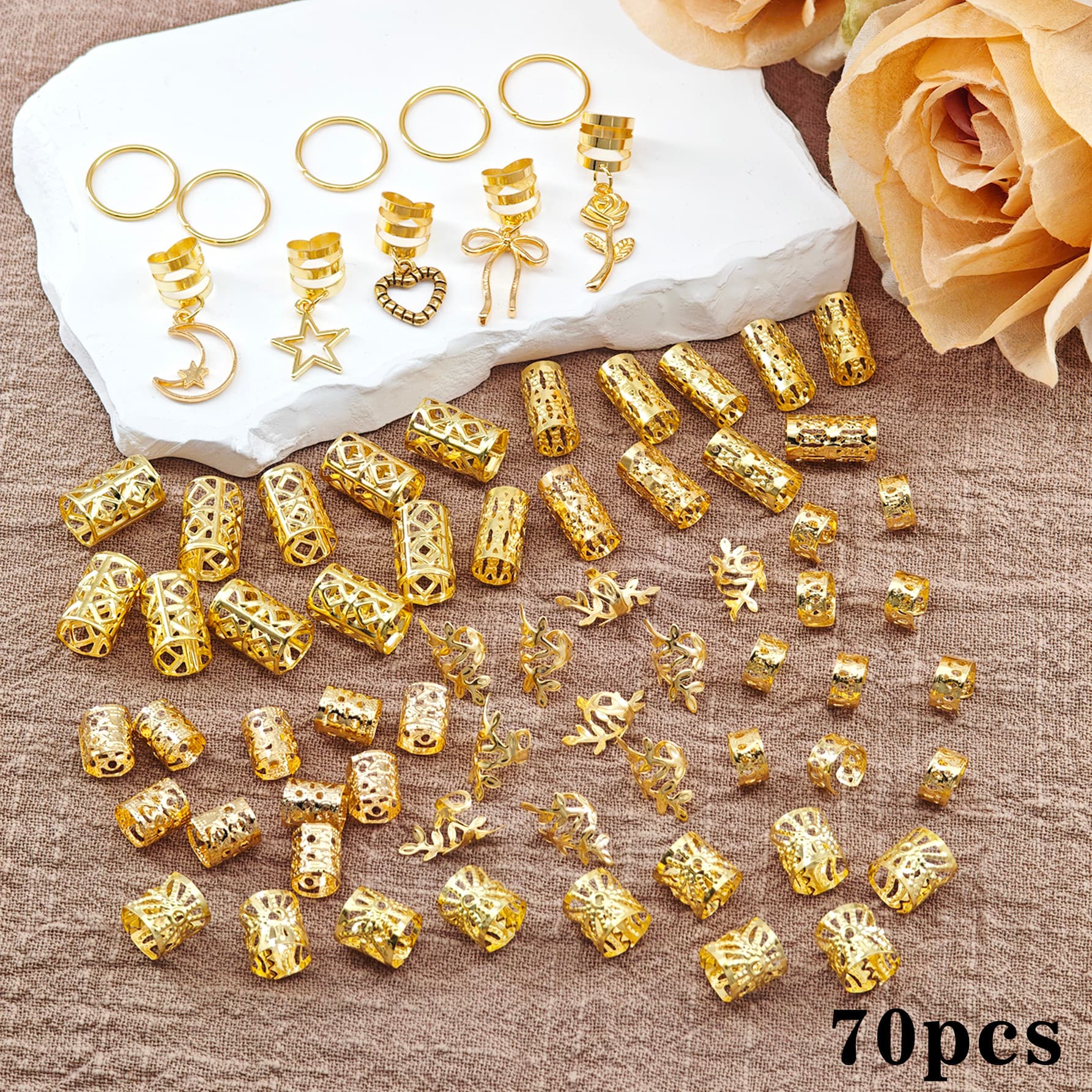 TEMU 70pcs Cuffs And Beads Set, Jewelry With Star Moon Charms For Braids, Alloy Clips For Women, Party & Photoshoot Baroque Accessories