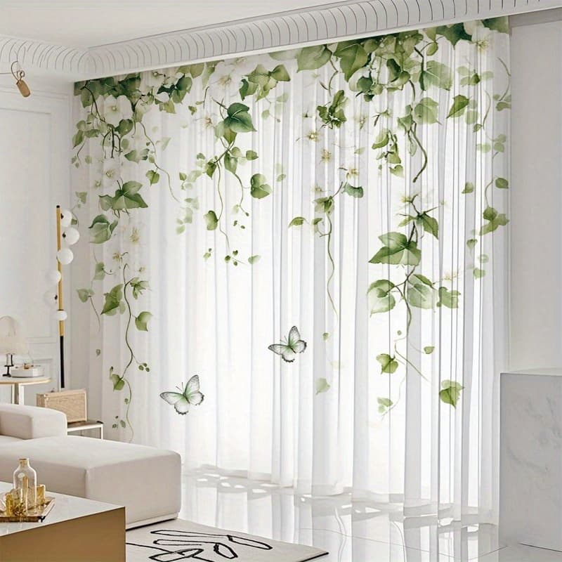 TEMU 2pcs Elegant Floral & Print Voile Curtains Cute Sheers Leaf Curtain Tulle Vine Window Curtains Sheersivy Pretty Curtain For Living Room Bedroomwindow Door Balcony thumbnail 2