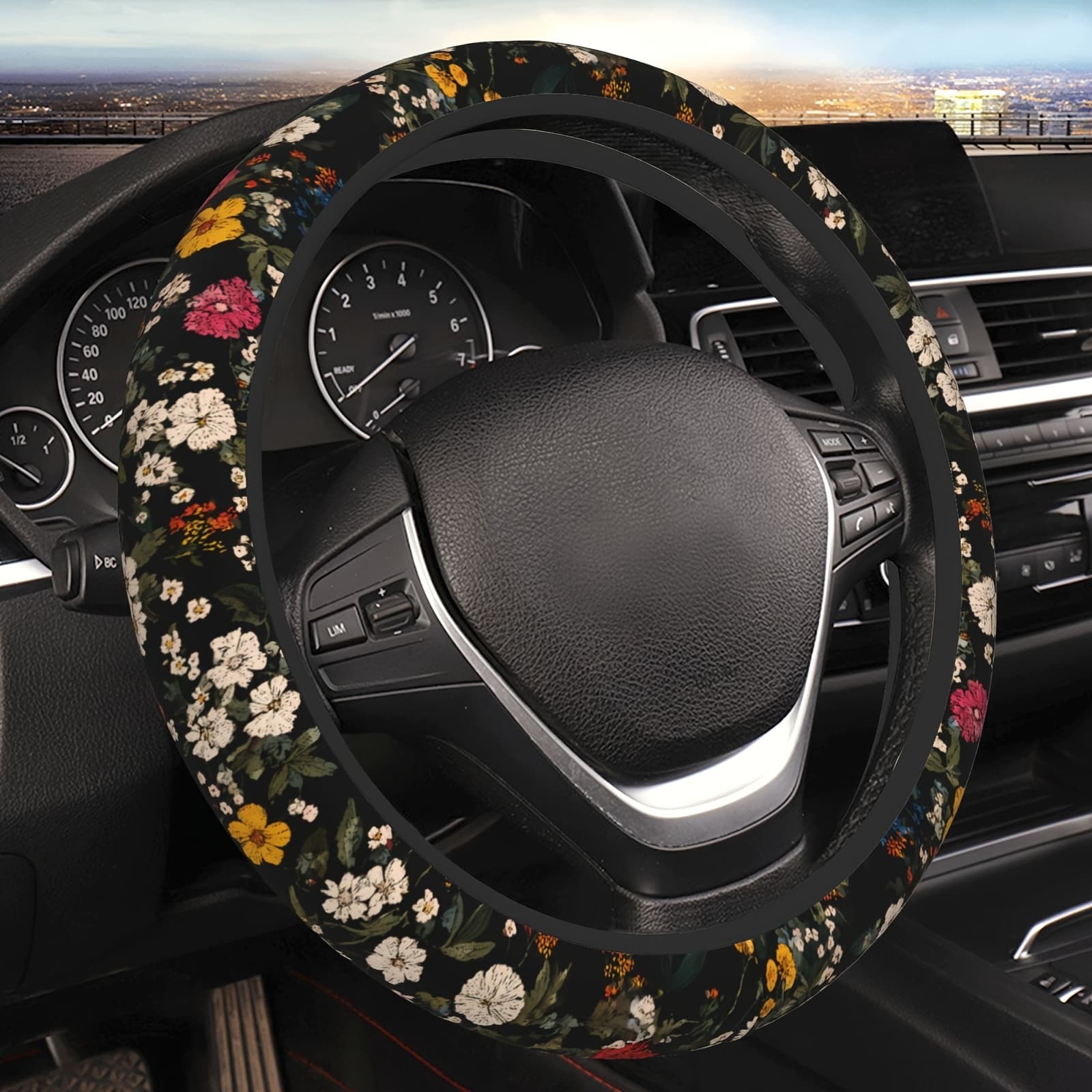 TEMU Multicolor Flowers Elastic Steering Wheel Cover Universal 15-inch Anti-slip Steering Wheel Cover Good And Aesthetic