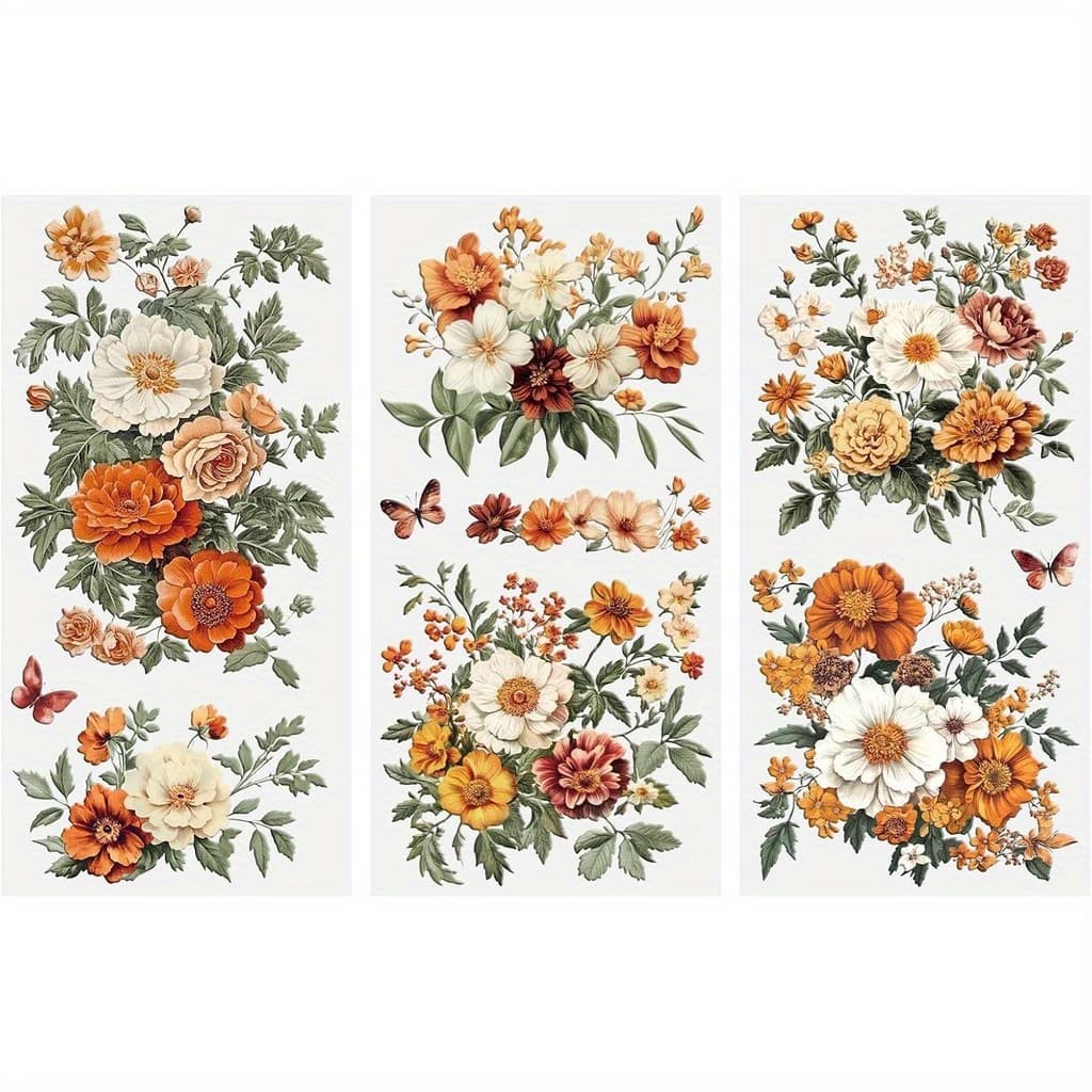 TEMU Rub On Transfers For Crafts, 3 Sheets Vintage Orange Floral Patterns Rub On Transfer Stickers For Wood Office Decoration