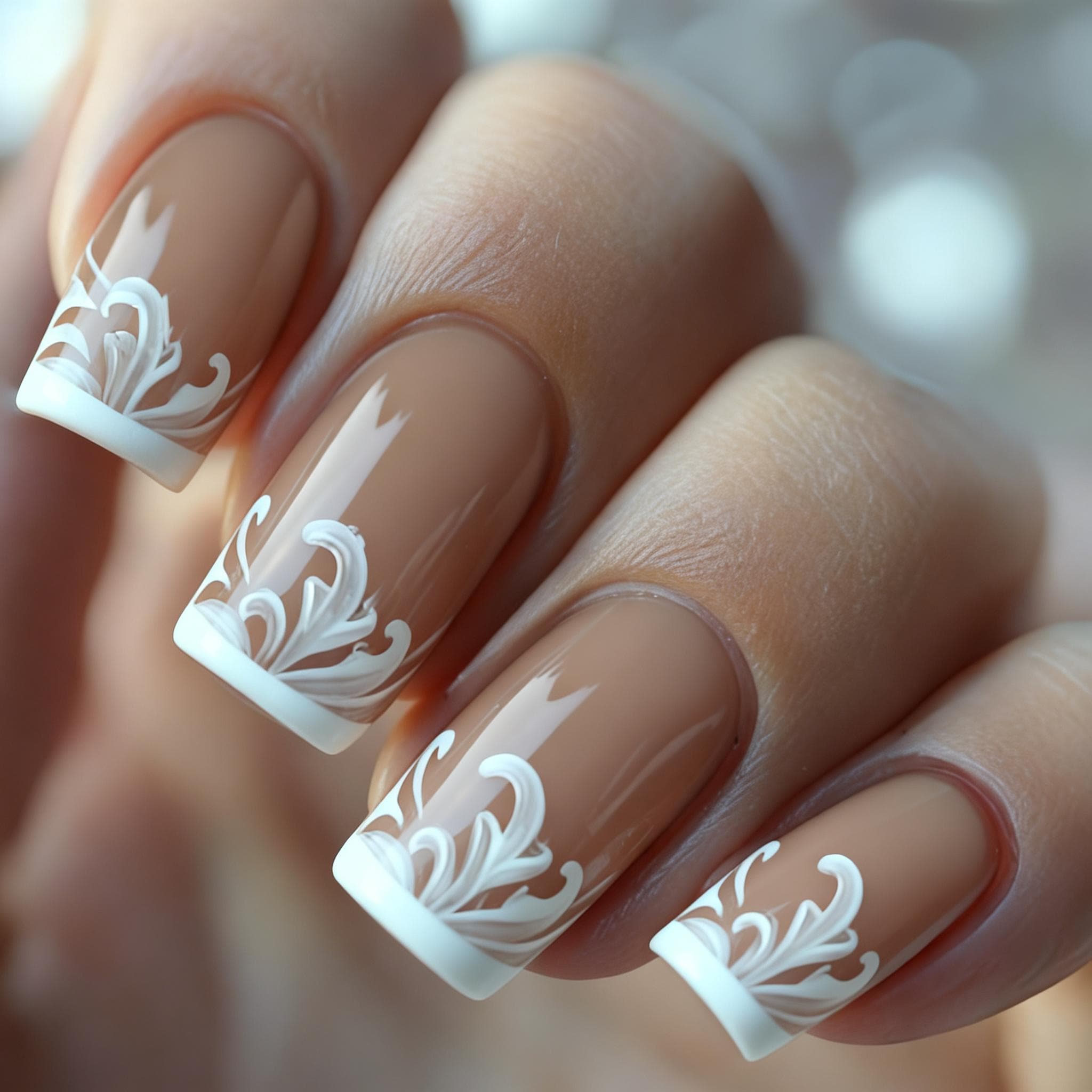 TEMU 24pcs Of Medium-length European Square French Minimalist White- Floral Nail Art, Removable False Nails In Nude Tones, Press-on Nails For Women, Easy And Stylish Manicure