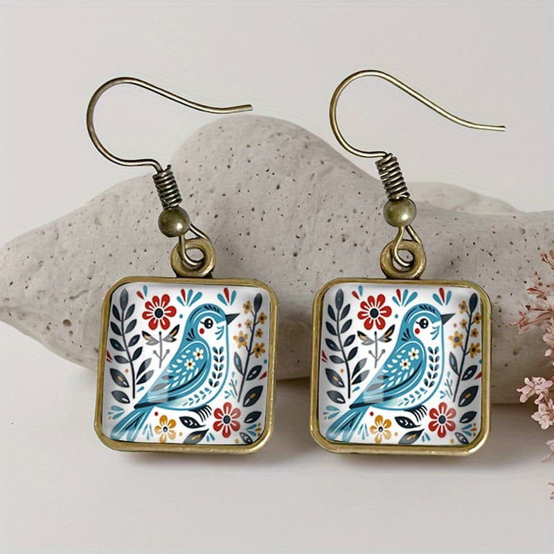 TEMU 1 Pair The For Blue Bird Illustration Square Earring Retro Glass Dangle Earrings Handmade Jewelry Gift