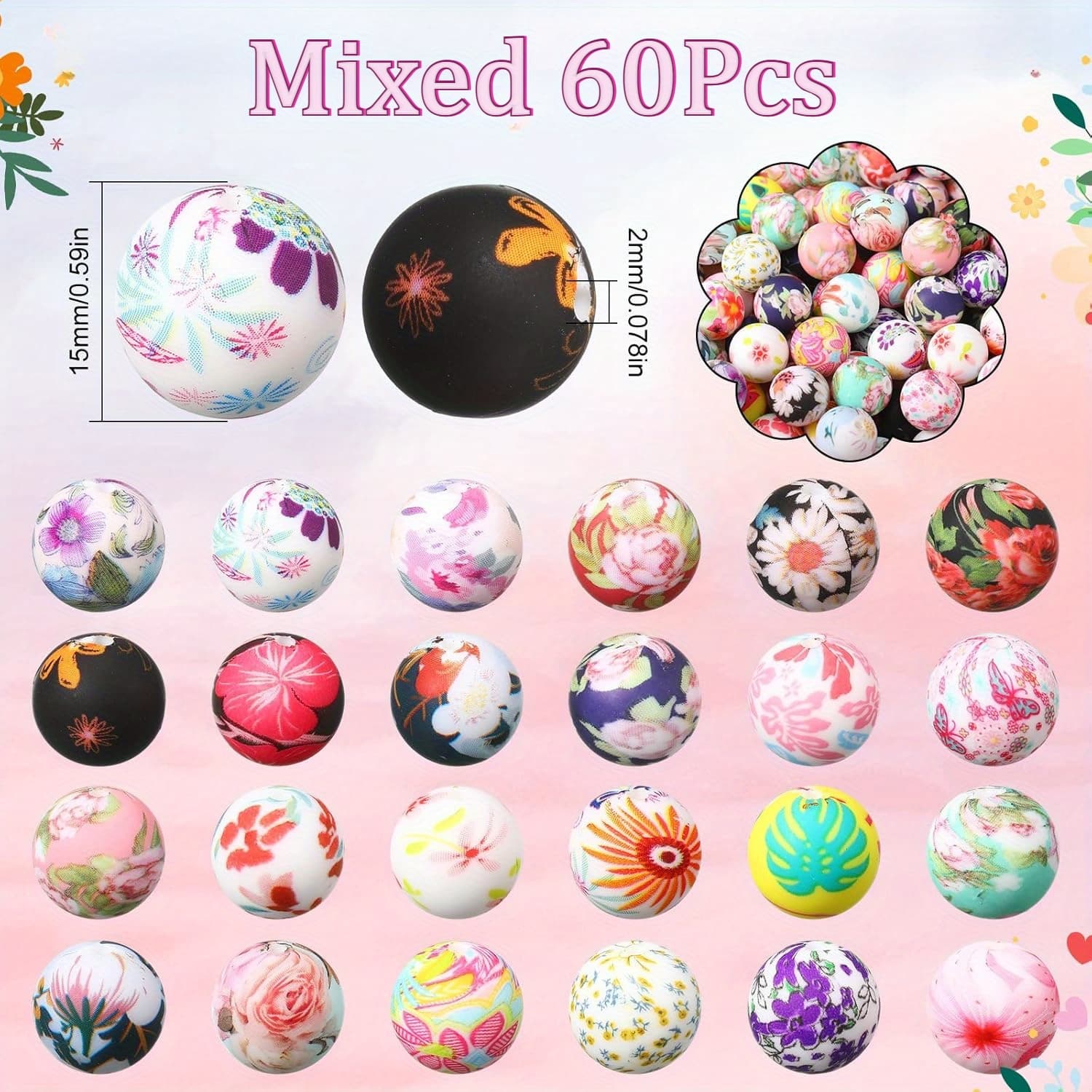 TEMU 60pcs Of 15mm Assorted Silicone Beads, Round Silicone Spacer Beads Suitable For Crafting Jewelry, Bracelets, Necklaces, Keychains, And Beaded Pen Additions