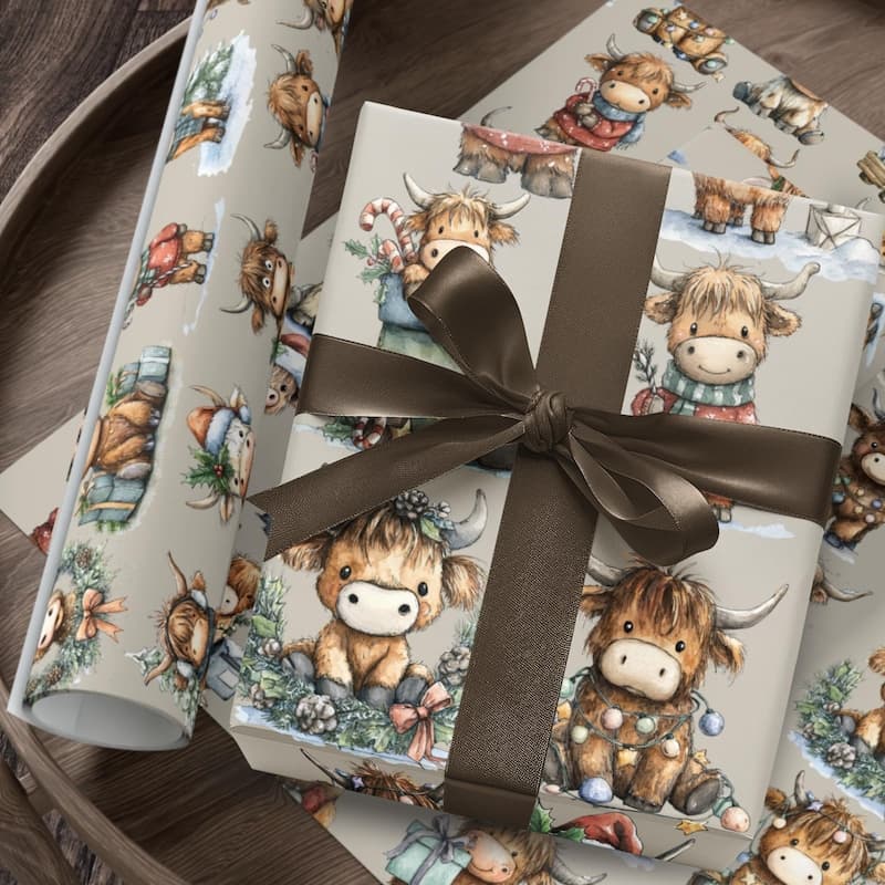 TEMU 1 Roll 58*23inch Christmas Highland Cow Gift Wrap Paper Roll, Holiday Gift Wrapping Roll, Festive Cartoon Cow Design, Cute Xmas Wrapping, Winter Scarves Hats Festival, Holiday, Gift Decoration