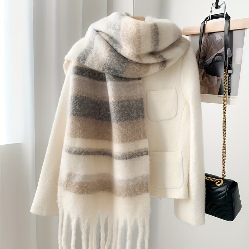 TEMU Couple Scarf - Soft Windproof Tassel Decorated Beige/brown/gray Striped Winter Scarf, Hand Washable Non-elastic Unisex Neck Warmer Scarf, Suitable For Cold Weather, Casual Outfits ()
