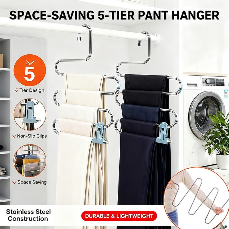 TEMU 2pcs Of Stainless Steel 5 Layer Multifunctional Hangers, Pants Storage Shelves, Wardrobe Storage Pants, Jeans, Scarves, Suitable For Hanging Ties, Sweaters, Pants, And Christmas
