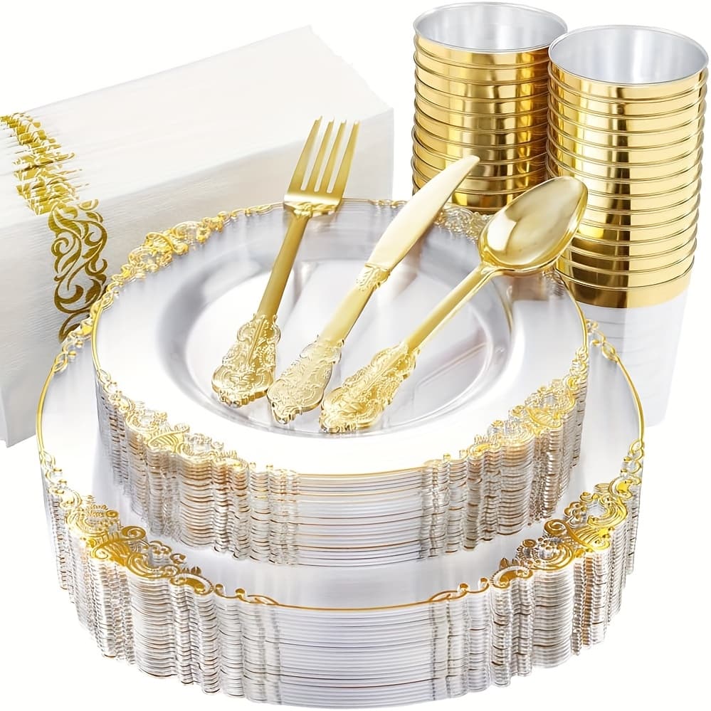 TEMU 95pcs Transparent Golden Pattern Tableware Set, 30 Cutlery Sets, 10 7.5inch Dessert Plates, .25inch Dinner Plates, 20 Cups, 25 Napkins