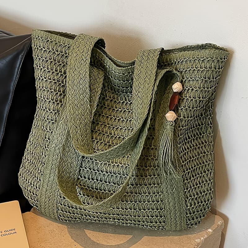 TEMU New Arrival Women's Fashion Solid Color Straw Shoulder Bag, Large-capacity Tote Bag With Tassel Decoration, Classic Square Bag Design, Ideal For , Travel And Beach Use, Perfect Gift For