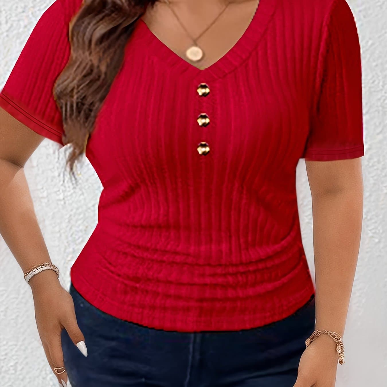 TEMU Plus Size, New European And Solid Color Short Sleeve Button V-neck Top T-shirt