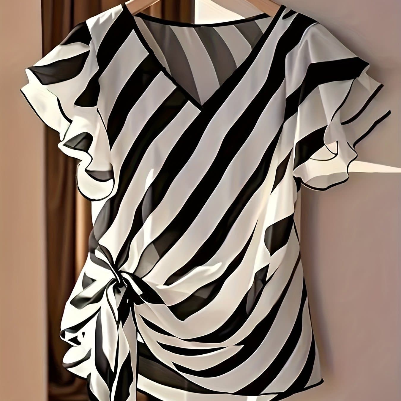 TEMU Women's Elegant V-neck Striped Summer Blouse With Short Sleeves & Waist Tie - Vertical & , Short Sleeve Shirt For Spring/summer, Machine Washable - Casual To Semi-formal Wear