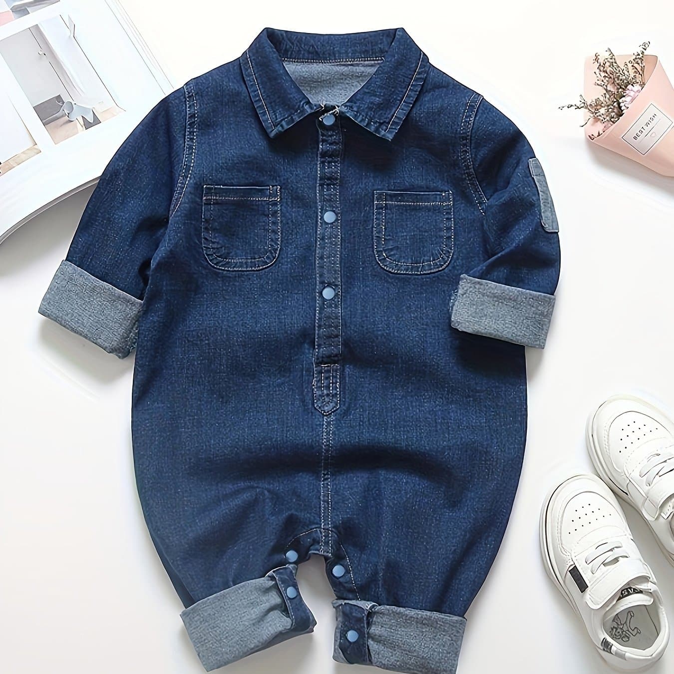 TEMU 's Denim Romper - Casual Long Sleeve Snap-front Jumpsuit With Chest Pockets, Regular Fit Solid Color Outfit For Spring & Fall, Romper, Outdoor