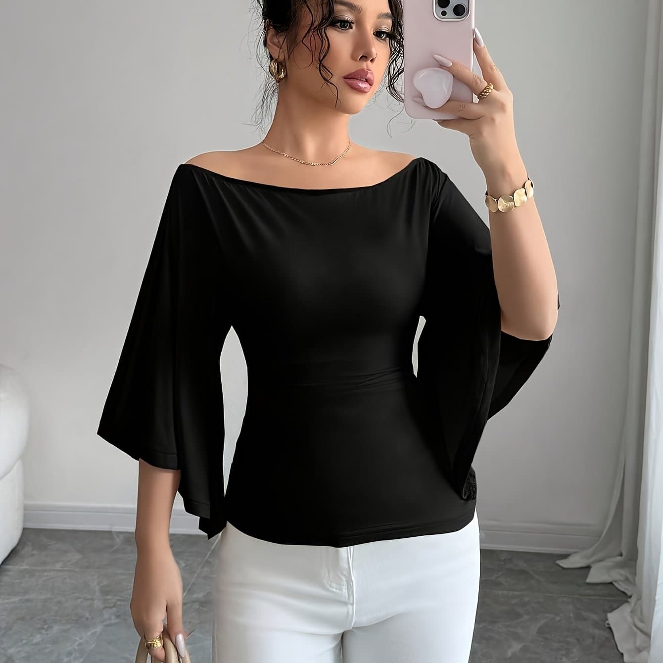 TEMU High-elastic Flared Sleeve Solid Off-shoulder Elegant Women's T-shirt
