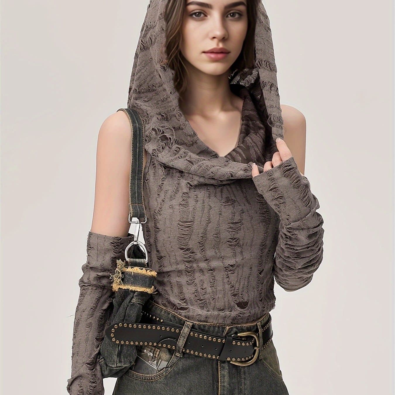 TEMU Post-apocalyptic Distressed Hooded Sleeve Vest