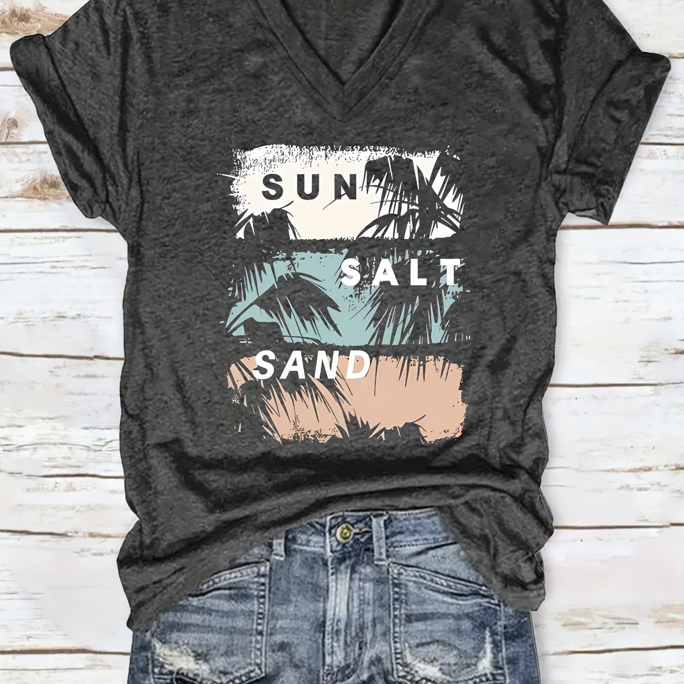 TEMU Casual T-shirt, Printed Short-sleeved V-neck Slightly Stretch T-shirt