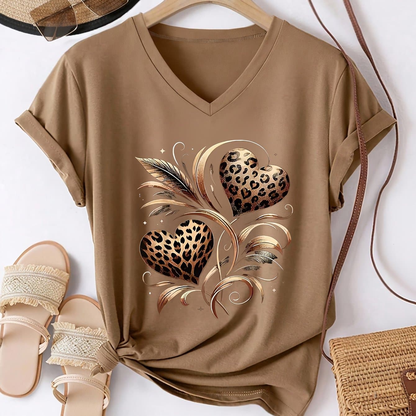 TEMU New Women's Printed V-neck T-shirt, Spring/summer Lightweight Pullover, Versatile Daily Wear, Loose Fit, Casual Sporty Short-sleeve Top