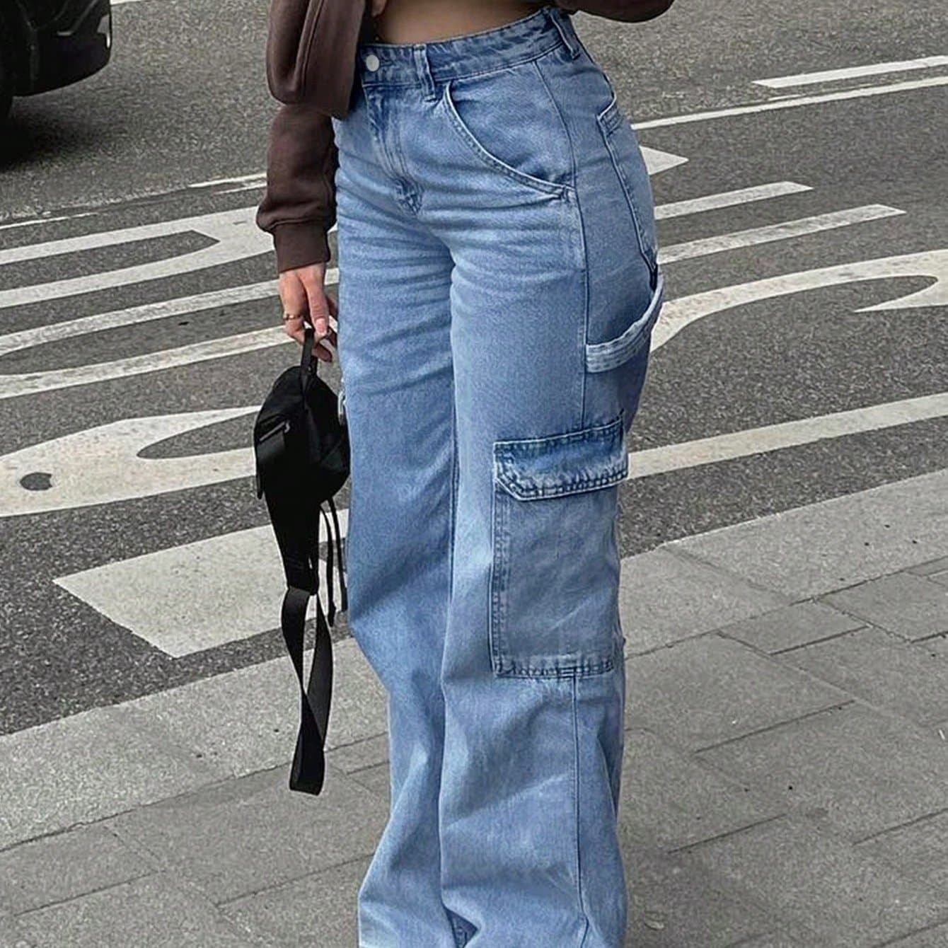 TEMU Women' High-waisted Y2k Workwear Jeans - Stretch Pants With Multiple Pockets, Wide- Retro Streetwear Suitable For Wear (machine Washable)