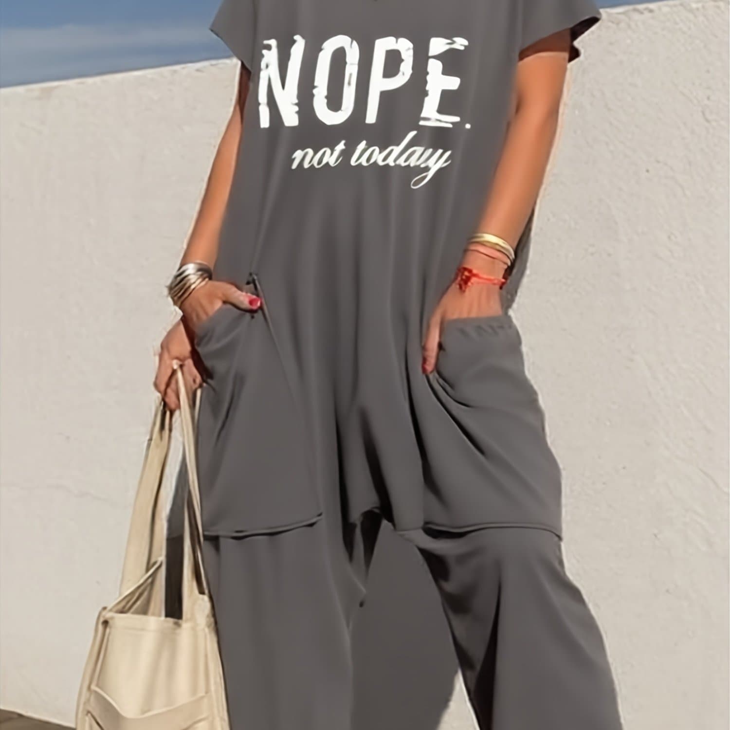 TEMU Women's V-neck Loose-fitting Romper Featuring Pockets - Casual Solid Ideal For Spring/summer, Comfortable And Fashionable, Women's Jumpsuits And Rompers