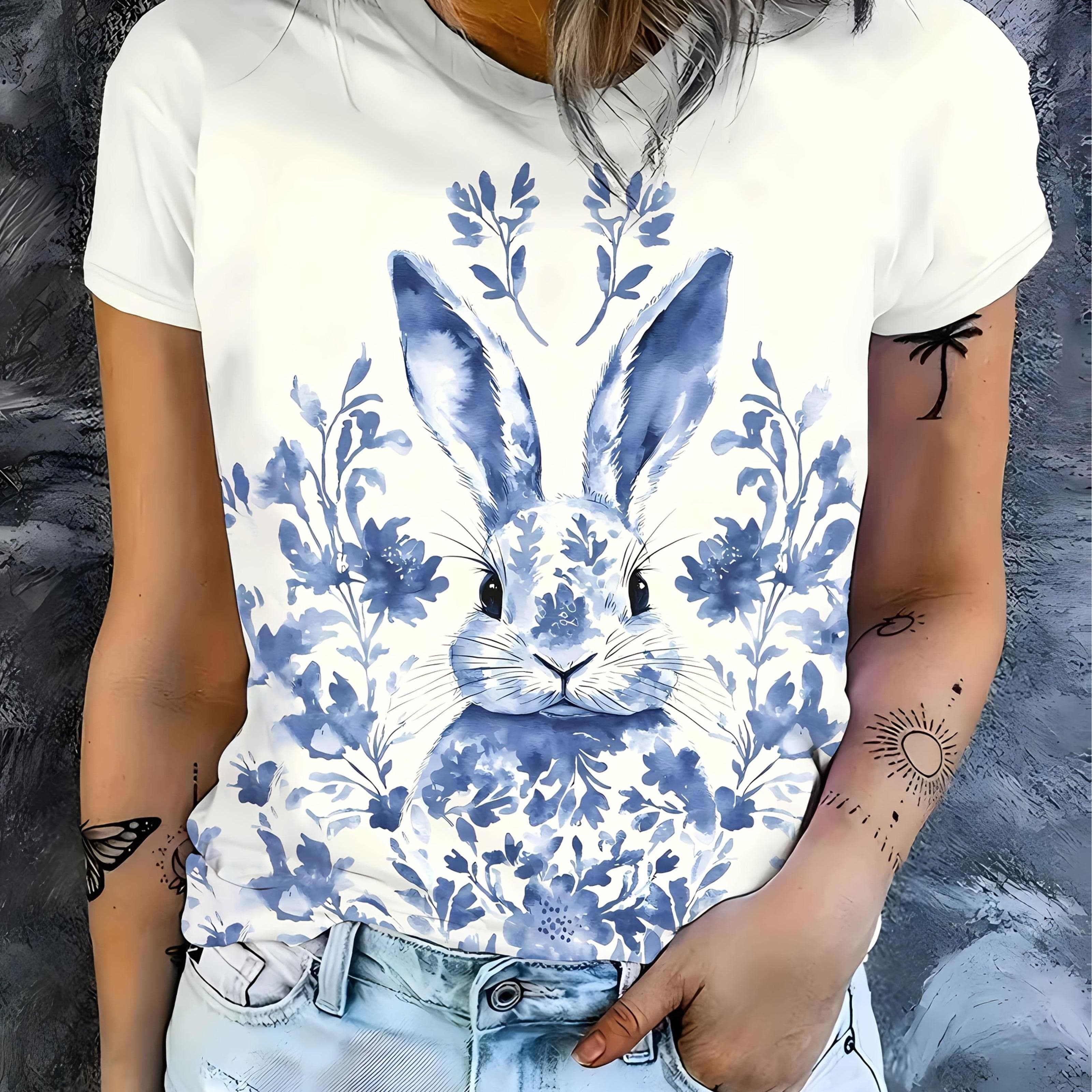 TEMU Minimalist High-end Pattern Blue And White Porcelain Pattern Rabbit, Women's Round Neck Short Sleeve T-shirt, Fashionable Daily Easy And Elegant