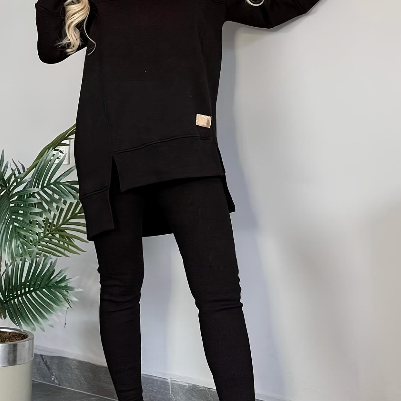 TEMU 2pcs New Women's Fashionable Casual Top With Slit Long Sleeves And Round Neck Casual Solid Color Set Suitable For Spring Workplace Commutes
