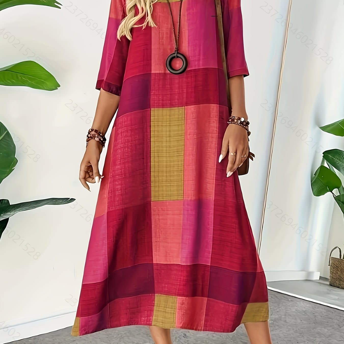 TEMU Plus Size - Plus Size - Summer 2025 New Retro Color Block Print Dress, , Round Neck Short Sleeve, Machine Washable