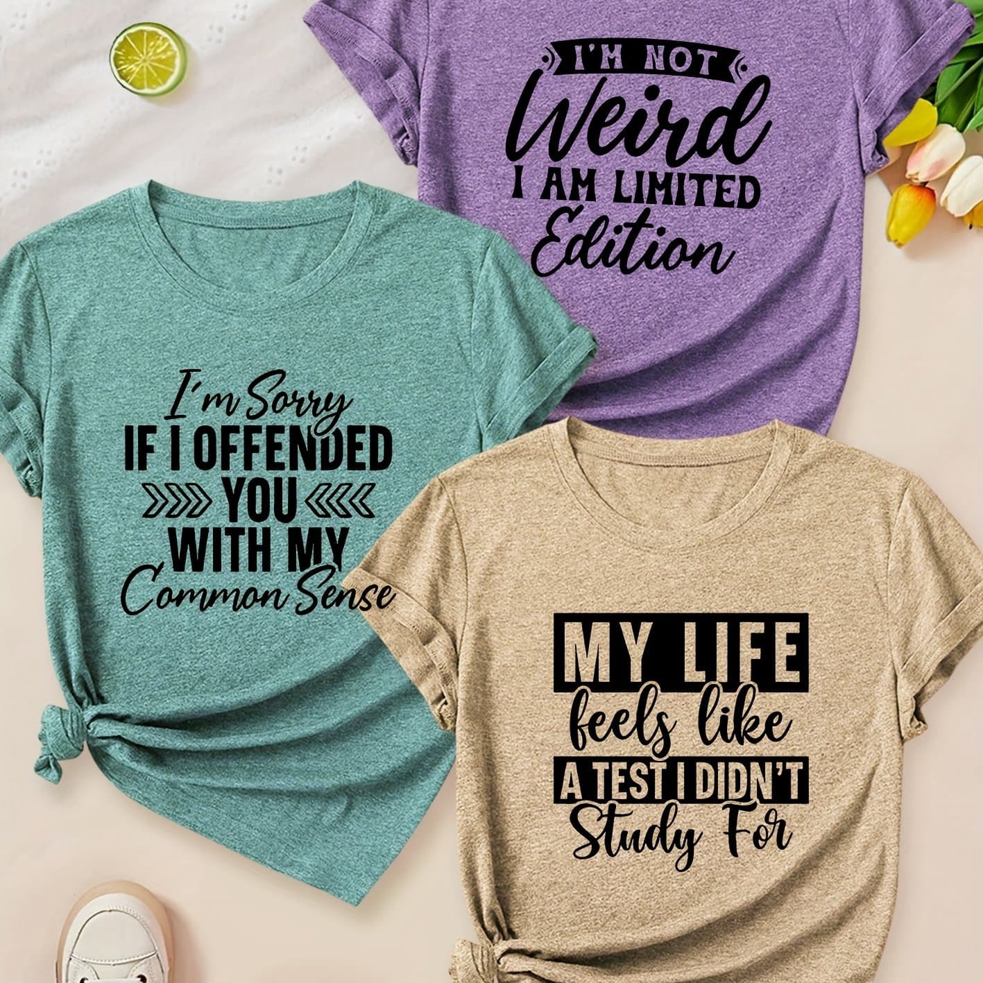 TEMU Fashion English Series Printed Pattern Round Neck 3pcs Short Sleeve T-shirts Spring/summer Women's Tops