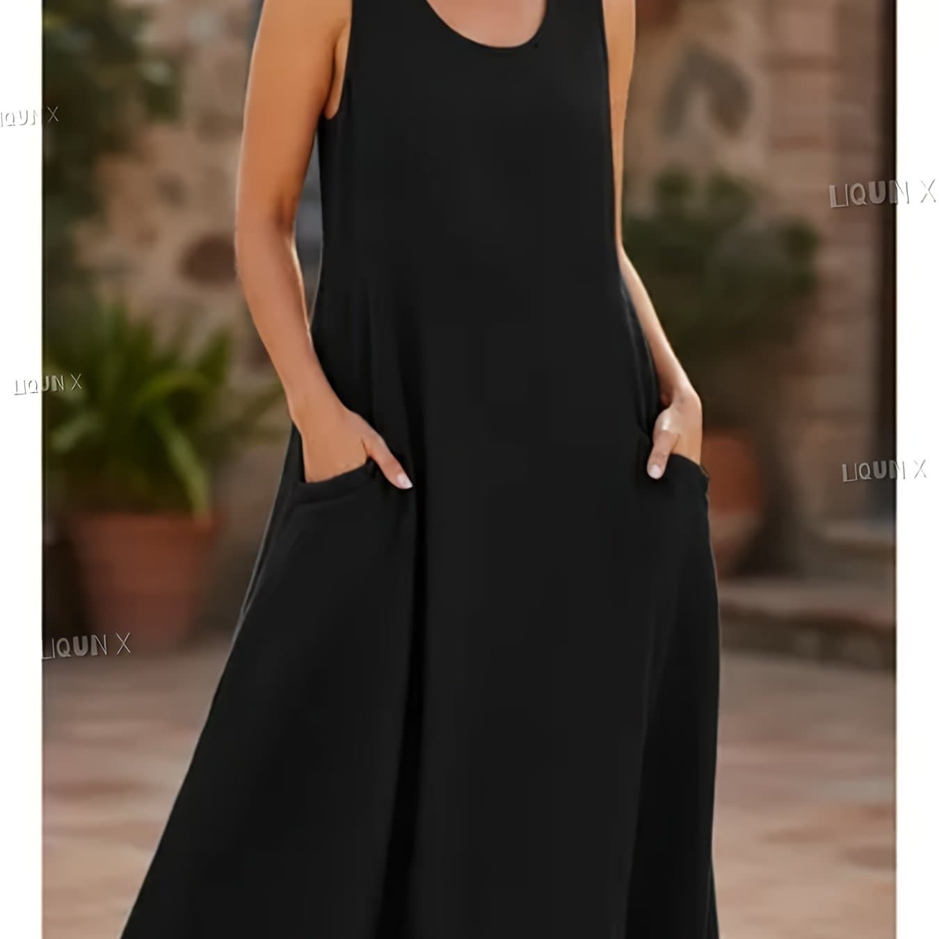 TEMU Fashionable Women's Wear Solid-color Elegant Long Round-neck Vest Dress