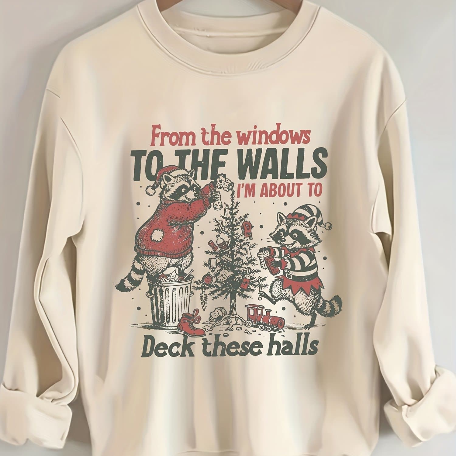 TEMU Women's Christmas "from The Windows To The Walls I'm About To Deck " Raccoon Graphic Crewneck Sweatshirt, Humorous & Festive Sweatshirt Ideal For Christmas Celebrations, Casual & Holiday