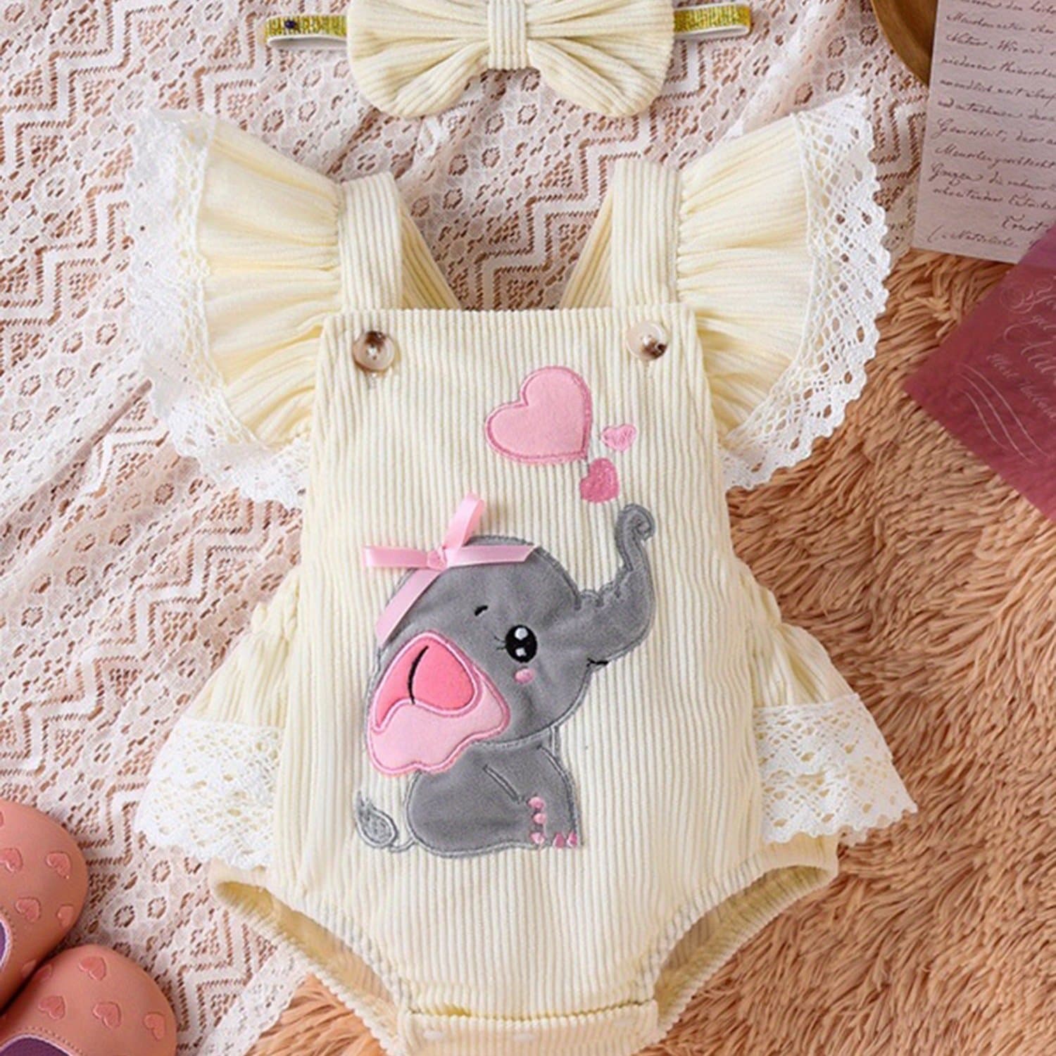 TEMU 0-18m Cute Girl Set, 2pcs Embroidered Jumpsuit+ Bow Hairband Summer Clothing, For Outdoor