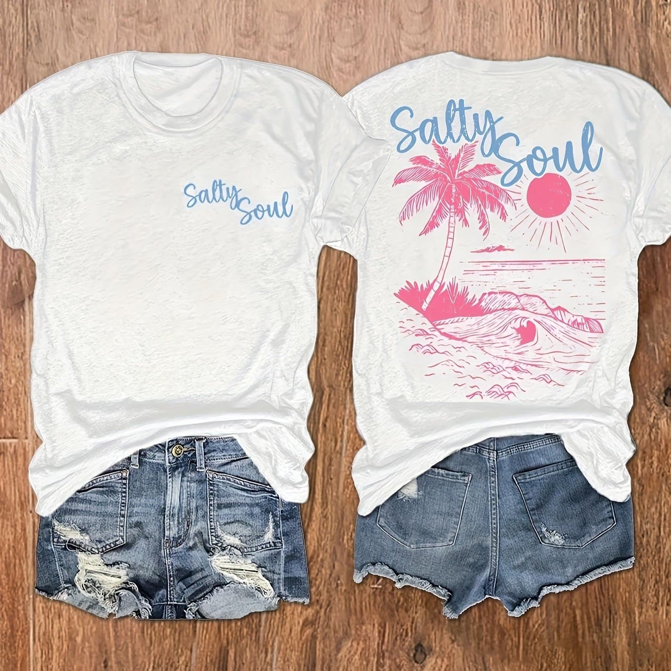 TEMU Letter & Beach Printed Round Neck T-shirt, Casual Vacation Women's Short Sleeve Top, Ladies' Apparel