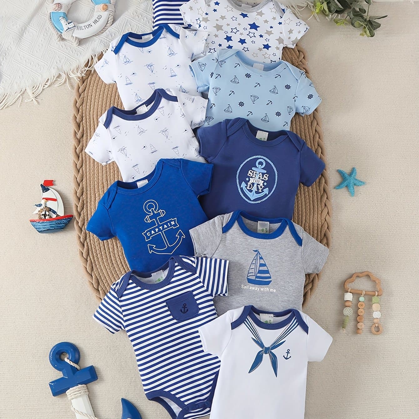 TEMU A Set Of 10 Baby Onesies Featuring A Nautical Anchor And Sailboat Print, Made Of Comfortable, Suitable For Baby Boys, Perfect For Outdoor All .