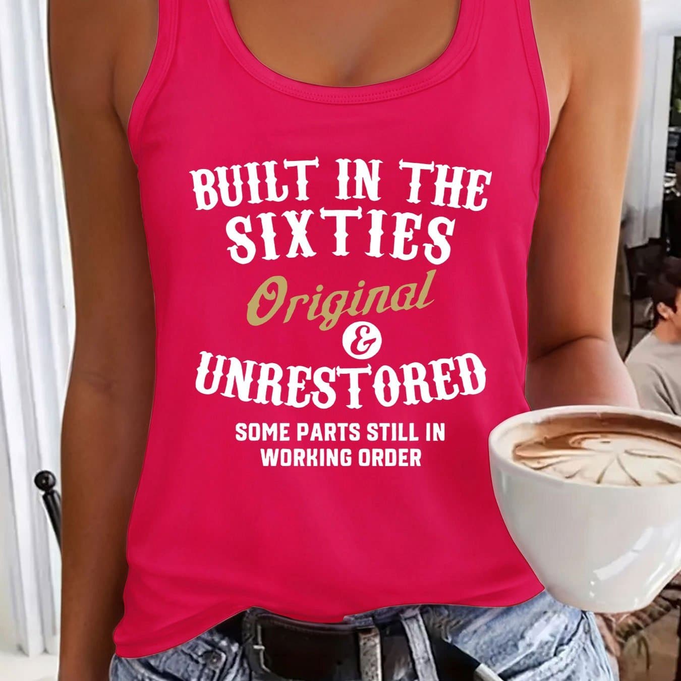 TEMU Ladies' Retro Sleeveless Vest - Vivid Pink With " In " Lettering Print. And Breathable Fabric, A Round-necked, Casual Top Suitable For Spring And Summer, It Has Medium For A