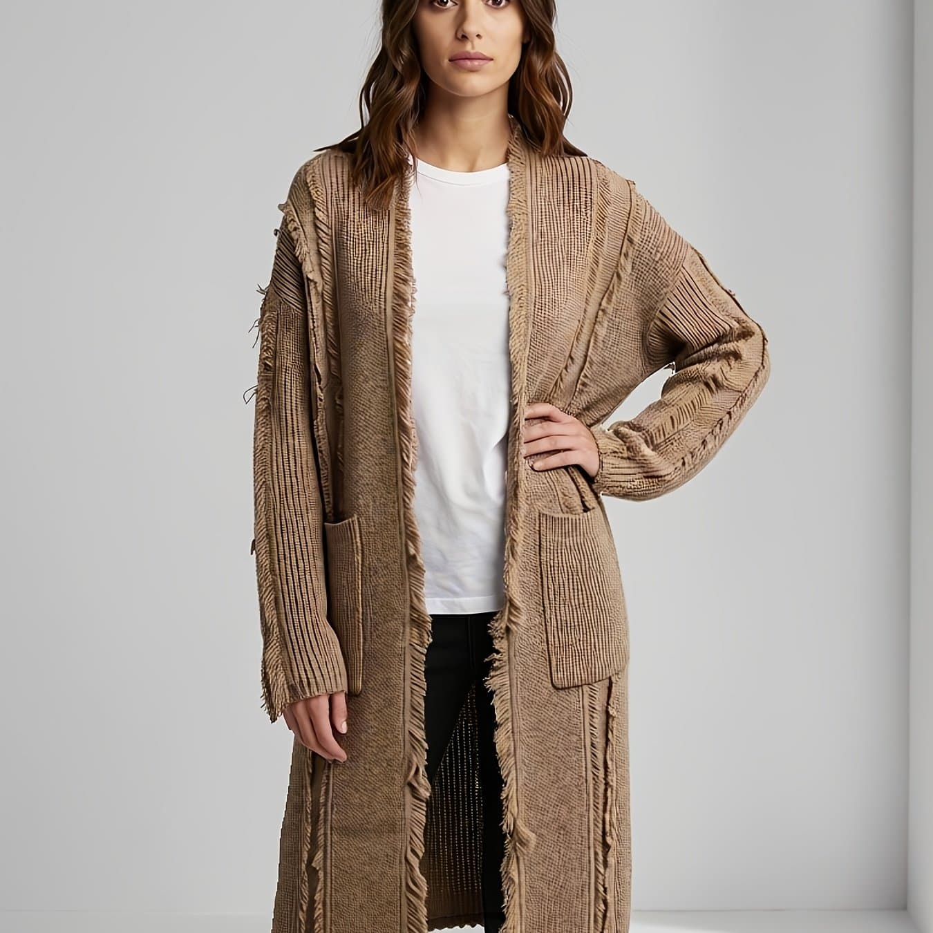 TEMU Ladies' Autumn And Style Heavy Handmade Fringed Hollow-out Long-sleeved Cardigan Sweater Long Loose Casual Jacket